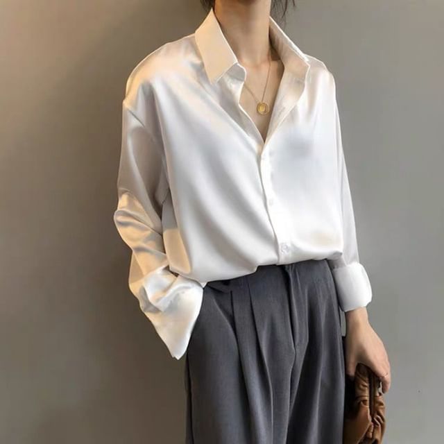 Jeonseon-Long-Sleeve Collared Plain Satin Shirt