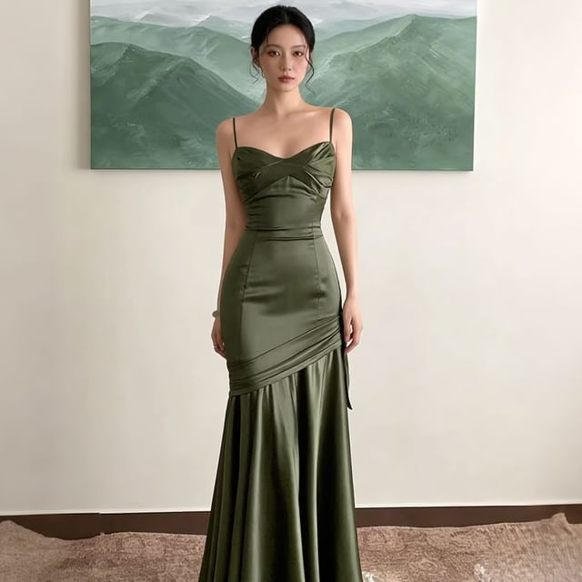JIYON-Einfarbiges Maxi-Abendkleid in A-Linie mit Spaghettiträgern und Schleife
