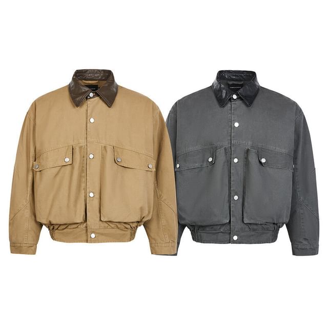 Omozando-Faux Leather Collared Button-Up Jacket