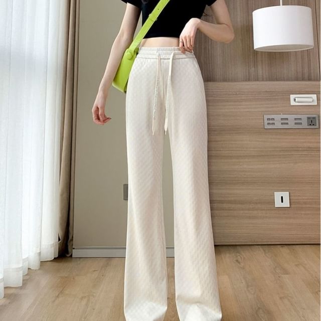 Leoom-Drawstring Waist Checkerboard Bootcut Pants