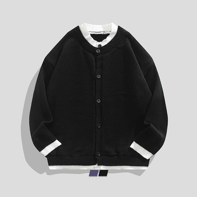 purplelouve-Contrast Trim Button-Up Cardigan