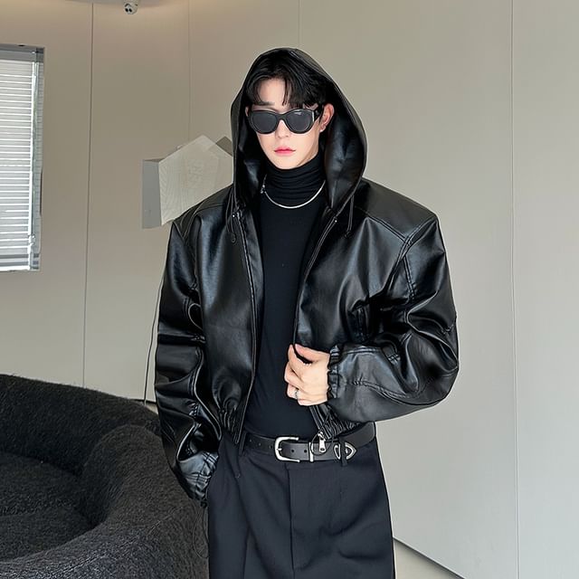 Patow-Plain Hood Faux Leather Zip Jacket