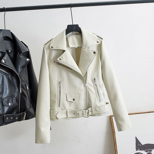 JVL - Lapel Collar Zipper Front Faux Leather Biker Jacket | YesStyle