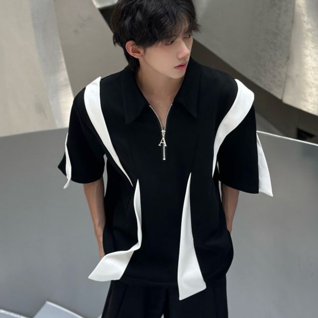 Freehop-Short-Sleeve Collared Two Tone Panel Half Zip Top