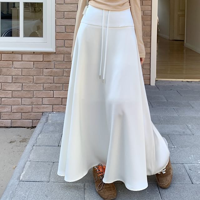 Beem-Drawstring Waist Plain Satin Maxi A-Line Skirt