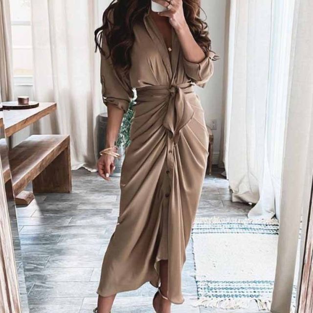 Yozojon - Long Sleeve Print Ruched Tie-Waist Shirt Dress | YesStyle