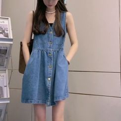 Spaghetti Strap Washed Denim Midi Dungaree Dress