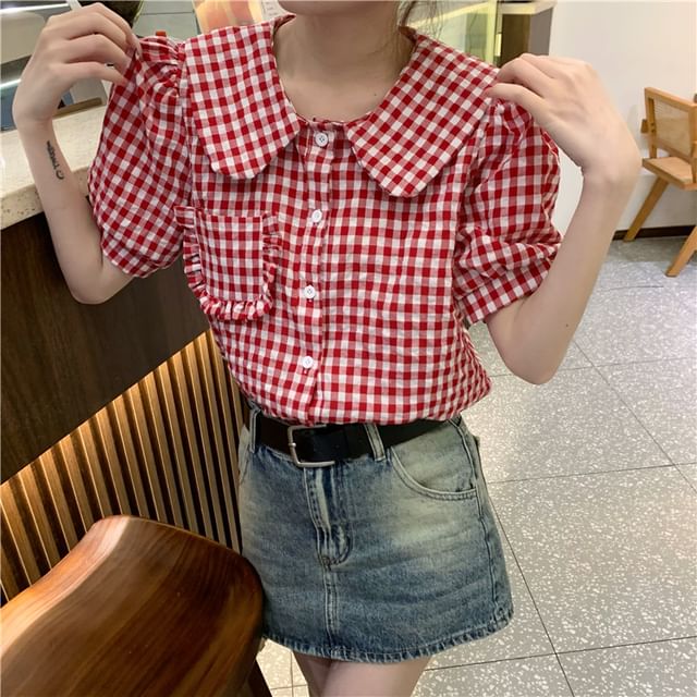 Shinsei-Short-Sleeve Collared Ruffle Trim Button Up Blouse