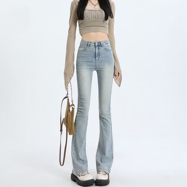Wildfoea-High Rise Bootcut Jeans