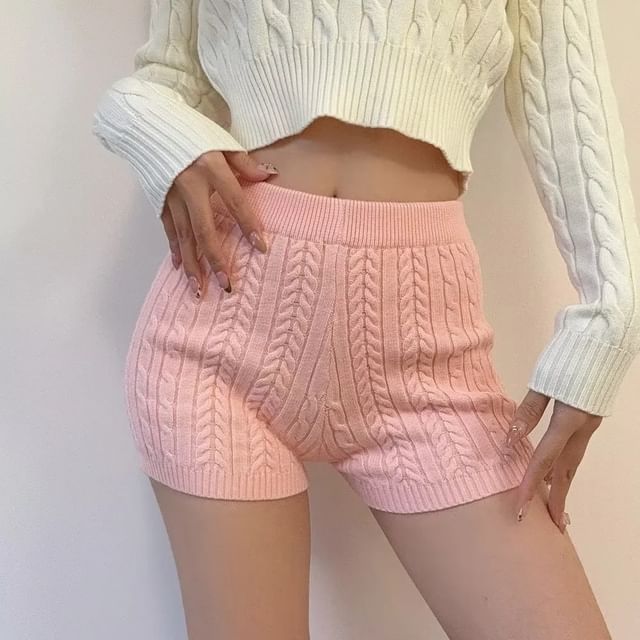 Asiris-Elastic Waist Cable Knit Shorts