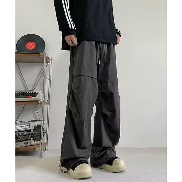 Femilina-Drawstring Waist Plain Wide Leg Cargo Pants