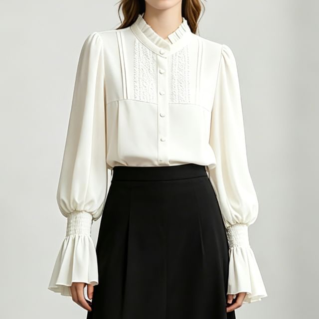 【L'Appartement】Stand Frill Blouse Bloomsoon - Long Sleeve Stand Collar Plain Panel Frill Blouse
