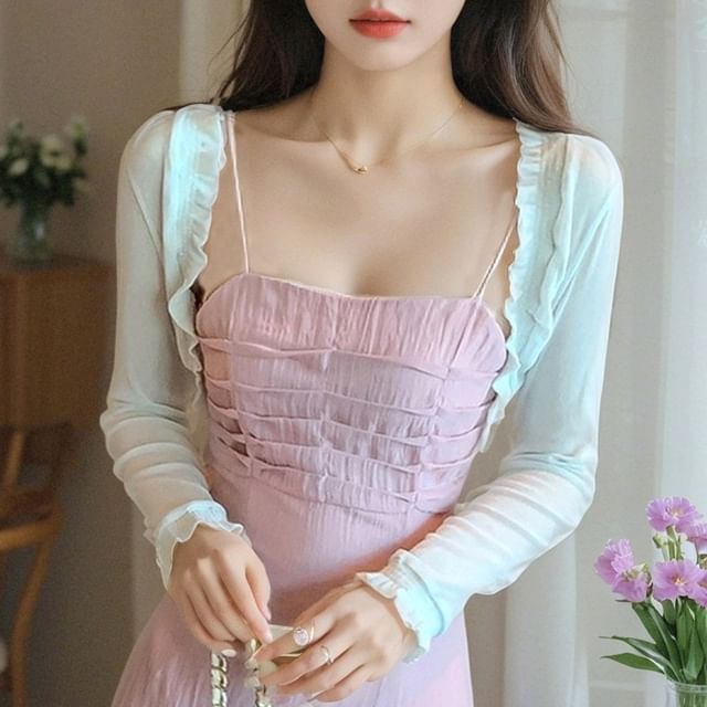 Yako-Plain Ruffle Trim Crop Light Jacket