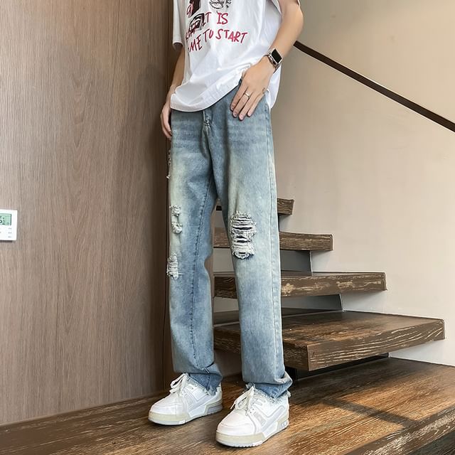 Plummie-Mid Rise Distressed Straight Leg Jeans