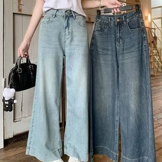 Wildfoea-High Rise Washed Wide Leg Jeans