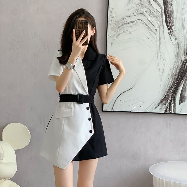 Short-Sleeve Two Tone Asymmetrical Belted Mini A-Line Blazer Dress