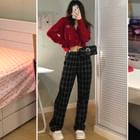 Dute - Cropped Heart Embroidered Cardigan / Plaid Wide Leg Pants