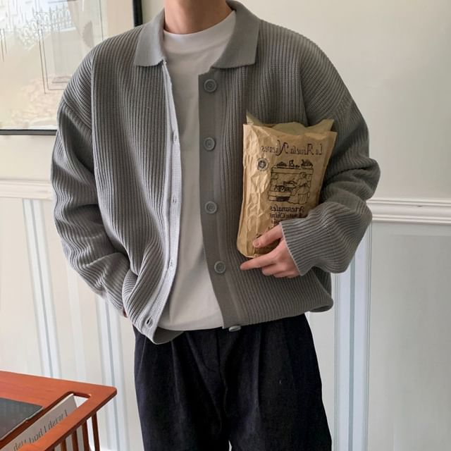 Zentrus-Collar Plain Ribbed Cardigan