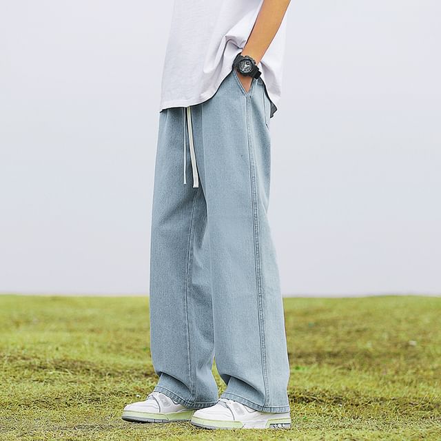 YERGO-Drawstring Waist Washed Straight Leg Jeans