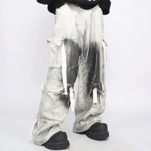 Derbundy-Mid Rise Washed Wide Leg Cargo Pants
