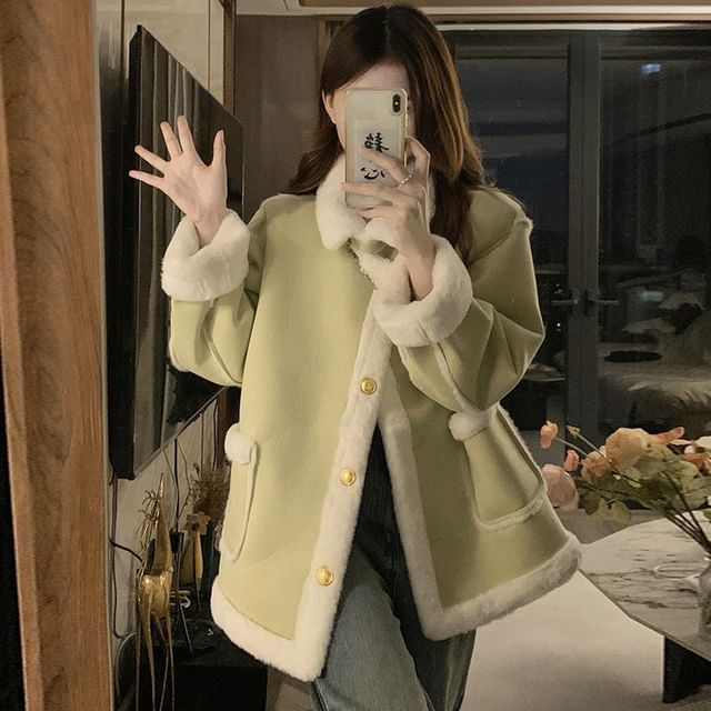Sienne-Collar Contrast Trim Fleece-Lined Button Jacket
