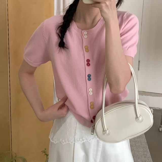 Yako-Short-Sleeve Plain Button-Up Knit Top