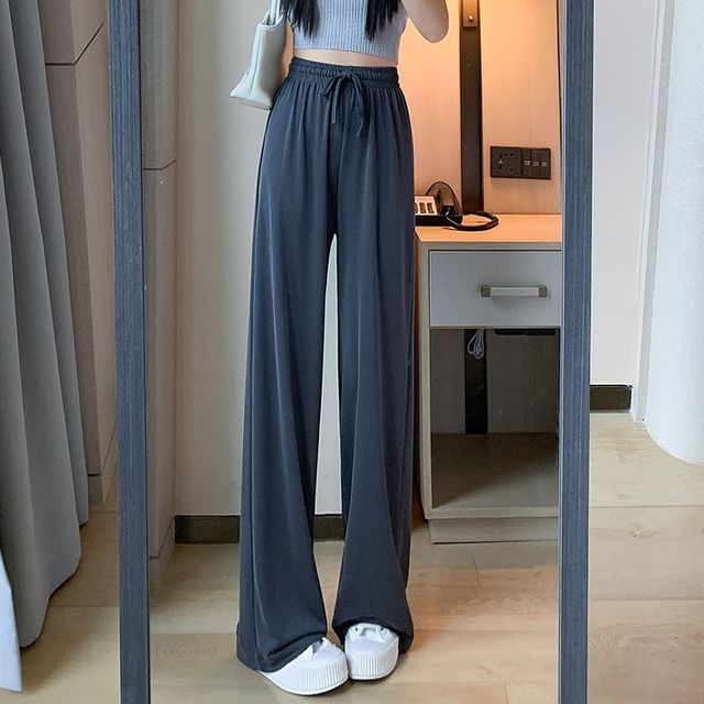 High-Waist Drawstring Wide-Leg Plain Pants