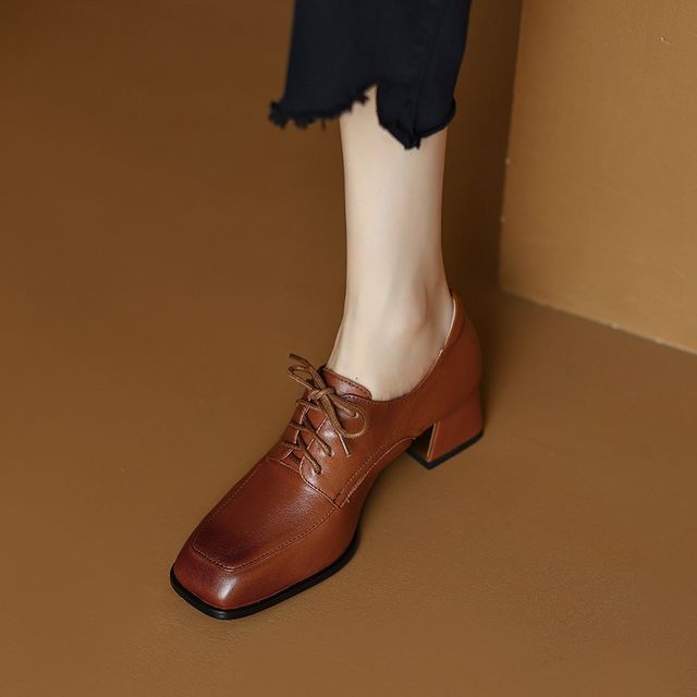 Cinnabelle-Square Toe Block-Heel Lace-Up Shoes