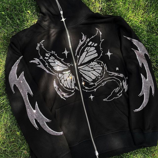 Wanderstar - Rhinestone Butterfly Long-Sleeve Zip Hoodie