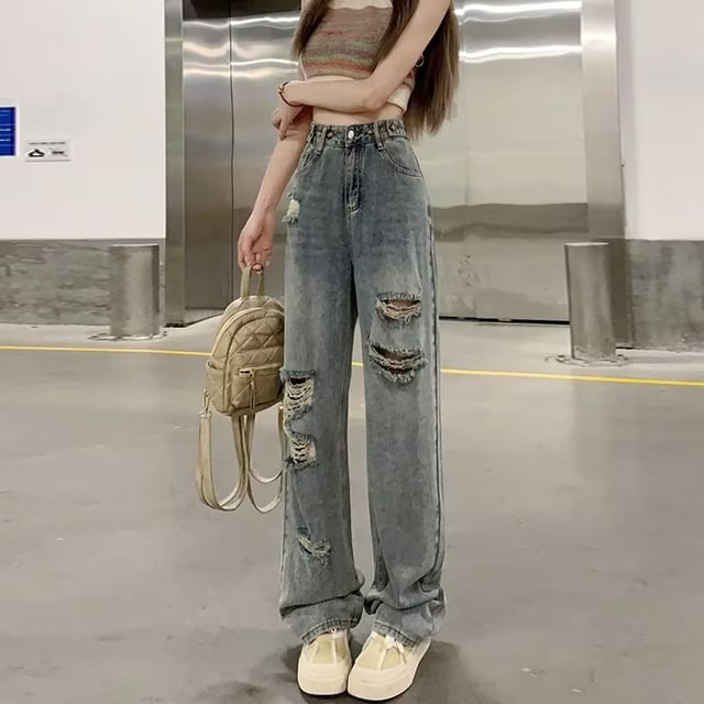 Wildfoea-High Waist Ripped Wide Leg Jeans