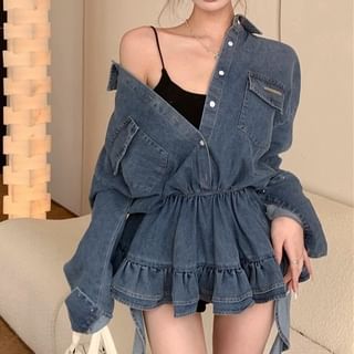 Ukiyo-Long-Sleeve Collared Ruffle Washed Half-Buttoned Denim Mini A-Line Dress