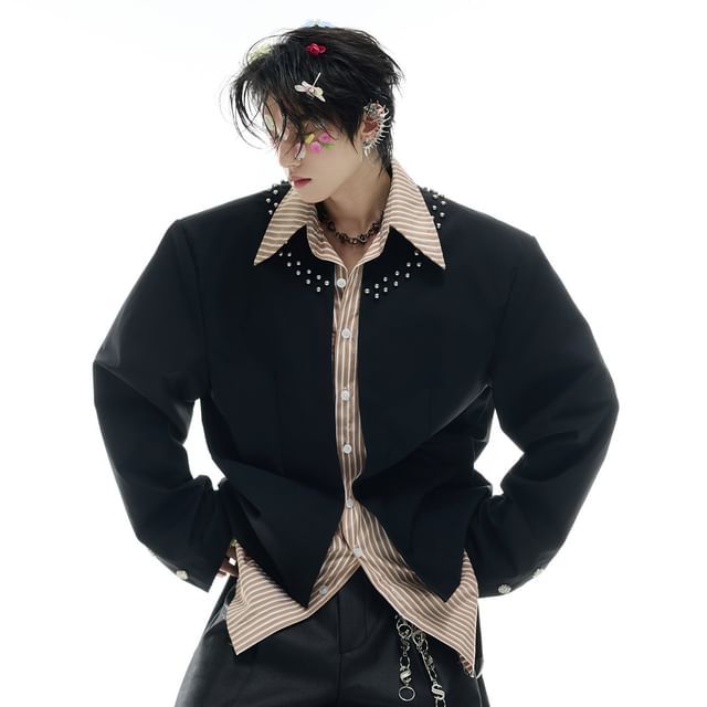 kooklay-Collared Striped Beaded Mock Two Piece Button Jacket