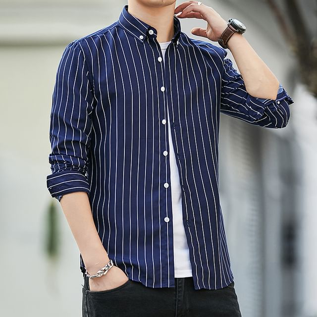 YIKES-Long Sleeve Collared Button Down Striped Shirt