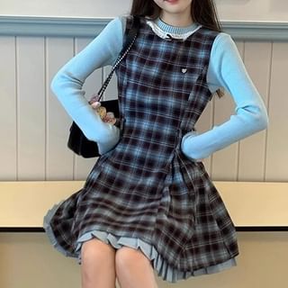 blue dress for baby girl Navy Blue Plaid Overall Dress with Black Ribbed Sweater Set, L main image 1