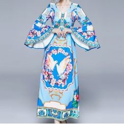 Seire - Pigeon Print Flared-Sleeve Maxi A-Line Dress Seire - Pigeon Print Flared-Sleeve Maxi A-Line Dress