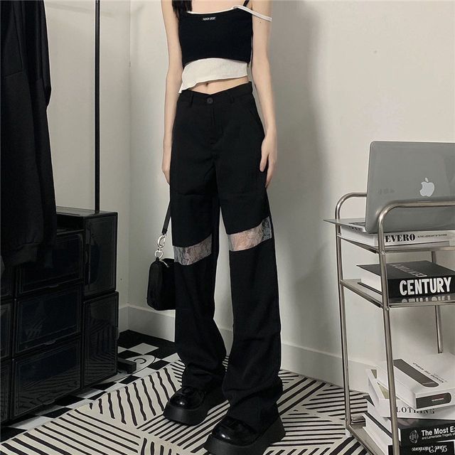 Low Waist Lace Panel Wide Leg Pants 