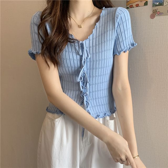 Bigfol-Short-Sleeve V-Neck Plain Ribbed Tie Front Knit Top