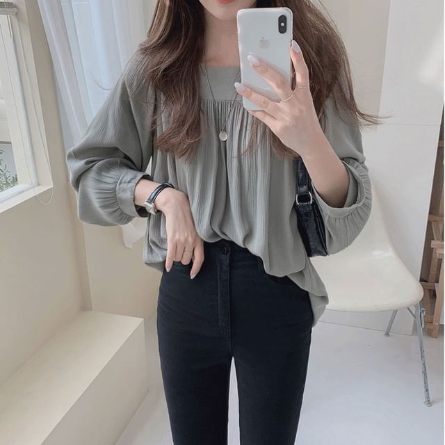 Lewwe-Long-Sleeve Square Neck Plain Crinkle Blouse