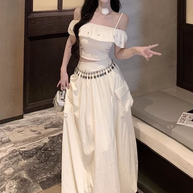 Yako-Short-Sleeve Cold Shoulder Plain Rhinestone Accent Ruffle Trim Crop Top High Rise Disc Fringed Maxi A-Line Cargo Skirt