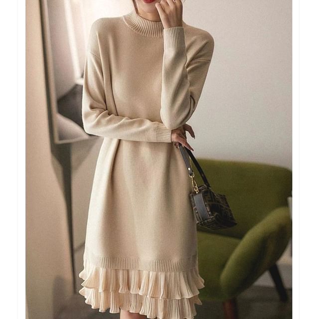 Lewwe-Mock Neck Plain Tiered Sweater Dress