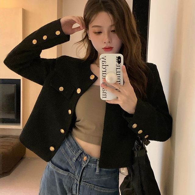 CRIBI-Crew Neck Plain Button-Up Tweed Crop Jacket