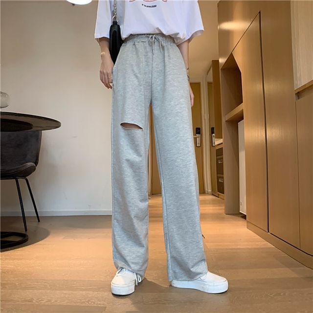 Everose-Distressed Wide Leg Pants