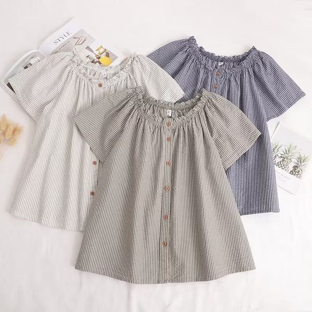 PANDAGO-Short-Sleeve Scoop Neck Pinstriped Blouse