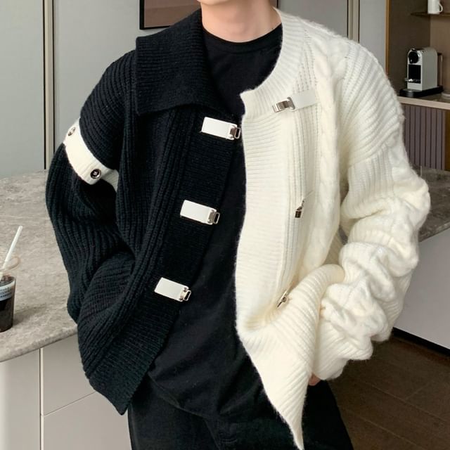 Savenne-Cable Knit Two Tone Buckled Cardigan