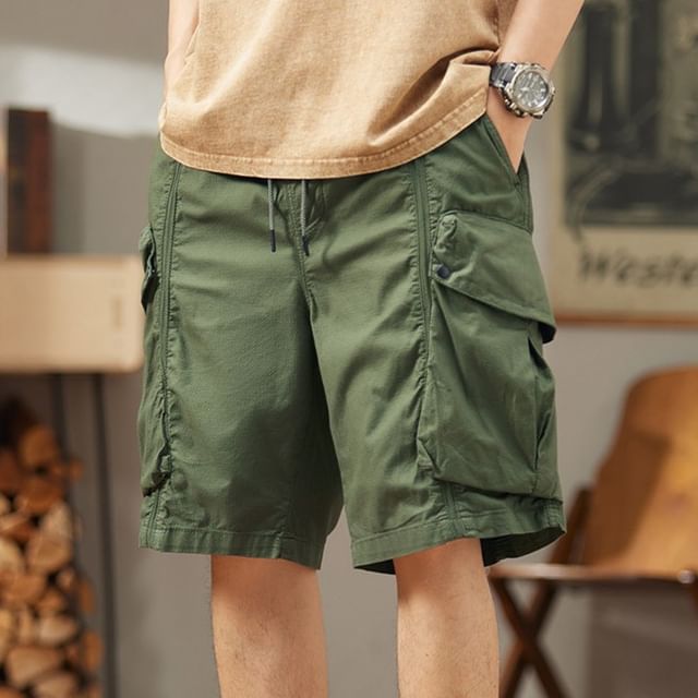 Nataro-Drawstring Waist Plain Wide Leg Cargo Shorts