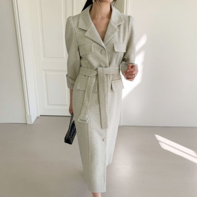 Seoul Fashion - Flap Tweed Maxi Dress with Belt | YesStyle
