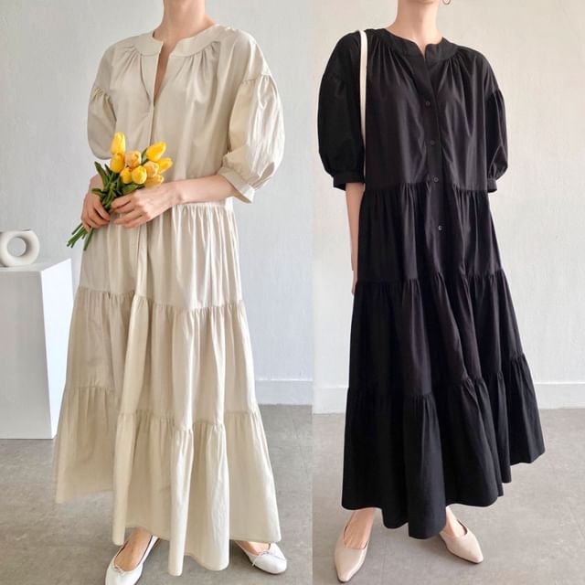 Supernova-Puff-Sleeve Notch Neck Plain Ruched Button-Up Maxi Tunic Dress