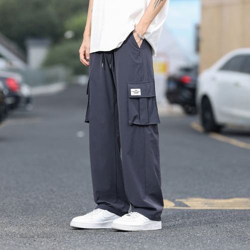Bay Go Mall - Drawstring Waist Plain Wide Leg Cargo Pants