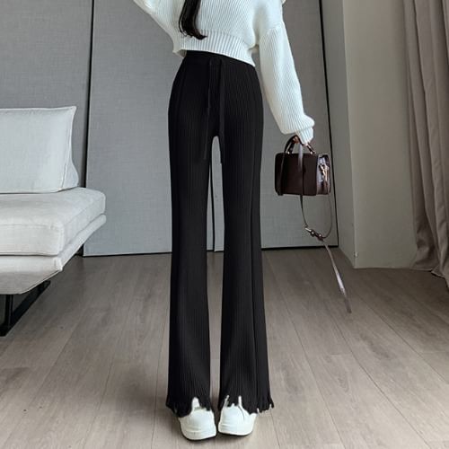 High Waist Plain Distressed Ribbed Knit Wide Leg Pants