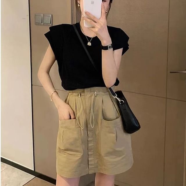 Everose-High Waist Plain Drawstring Mini A-Line Cargo Skirt